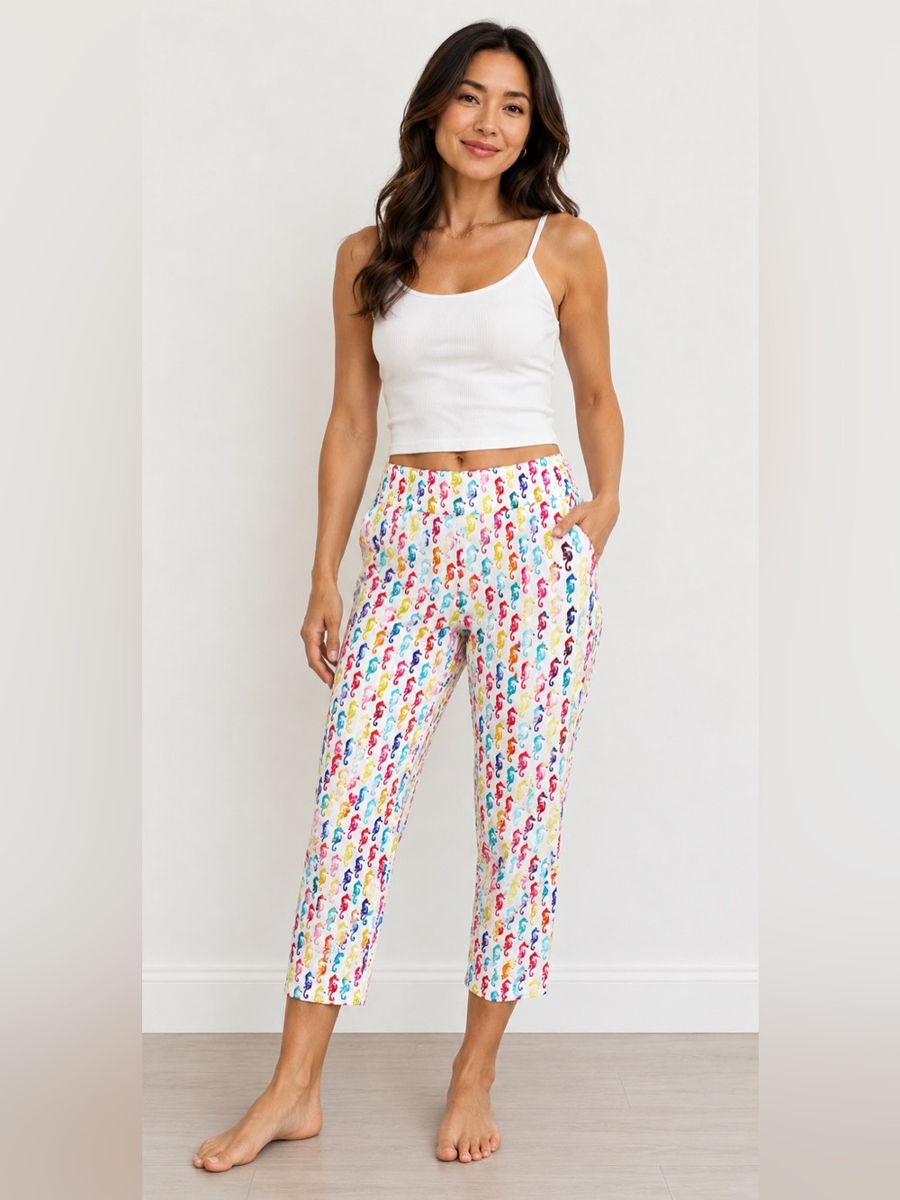 Attyre Petite Caroline White Cropped Pants with Vibrant Seahorse Motif, Size 4P